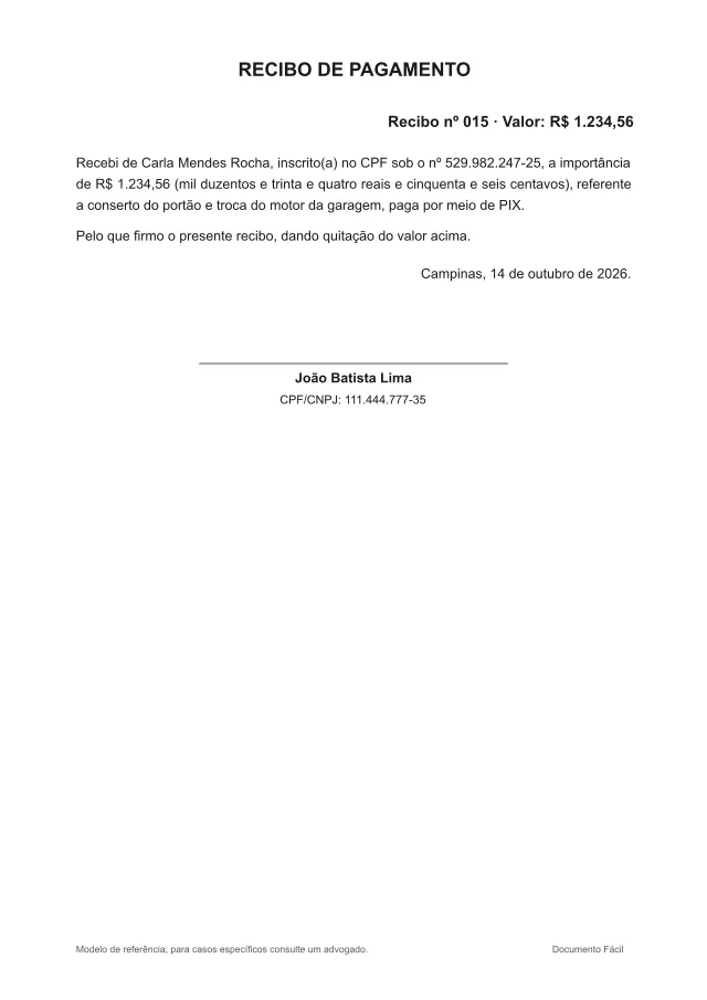 Recibo de pagamento preenchido em PDF